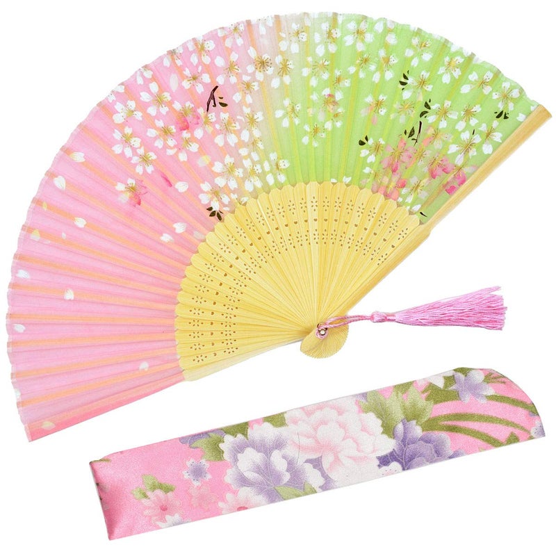 OMyTeaÂ® Hand Held Silk Folding Fans with Bamboo Frame - with a Fabric Sleeve for Protection for Gifts - 100% Handmade Oriental Chinese/Japanese Vintage Retro Style (WZS-45) - Image 1